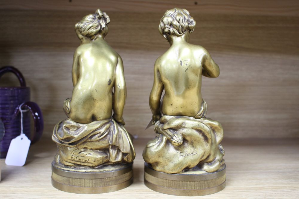 After Etienne-Maurice Falconet. A pair of late 19th century French ormolu figures of Cupid and Psyche, signed, 24cm